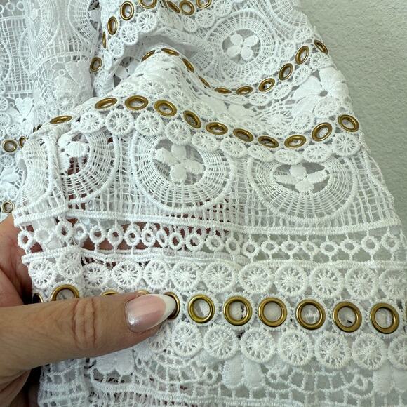 BEREK Eyelet Embroidered Blazer White Gold Grommets Lace Jacket XL Statement - Picture 7 of 13